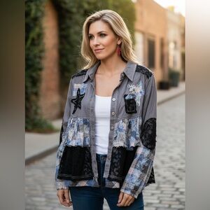 POL Gray and Black Patchwork Jean Jacket M